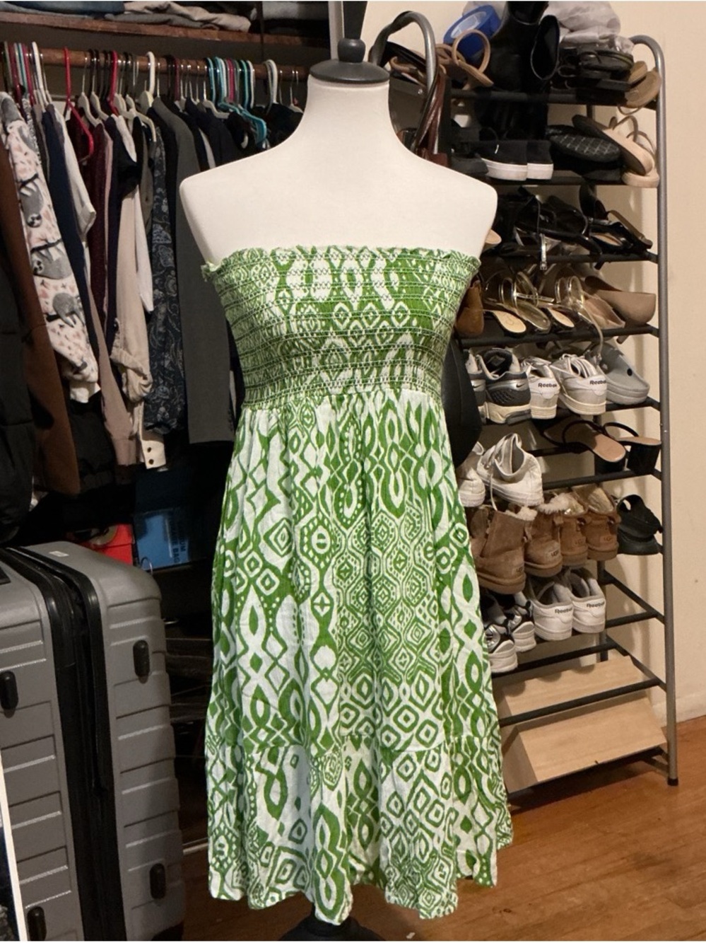 Raviya Green and White Strapless Printed Sundress